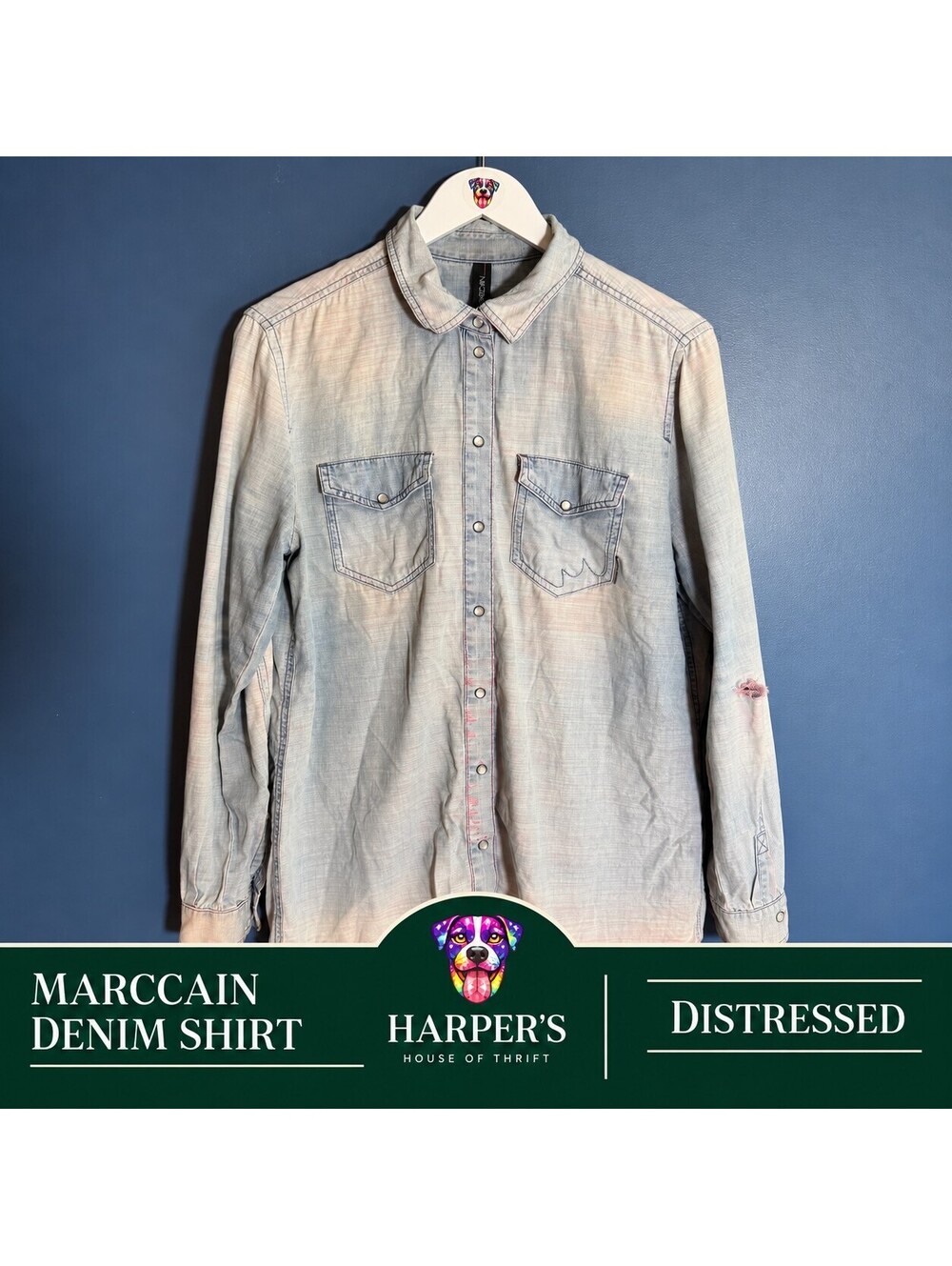 Marc Cain Women's Light Wash Chambray Distressed Denim Button Snap Shirt Size N4